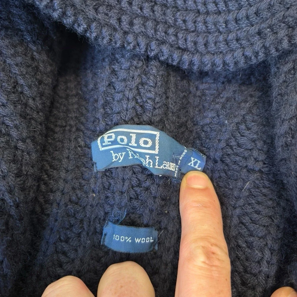 VTG 90s Polo Ralph Lauren Toggle Hooded Knit Long Trench Wool Sweater Jacket‎ XL